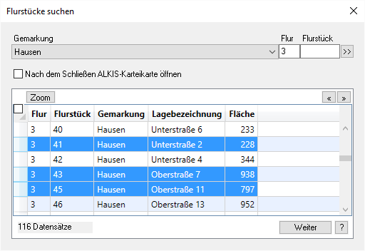 Dialog: Flurstücke suchen Dialog: Flurstücke suchen